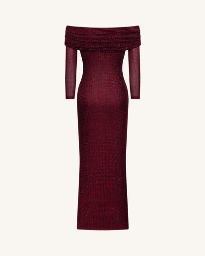 Rhinestone Mesh Off-Shoulder Maxi Dress - Claret | JW PEI