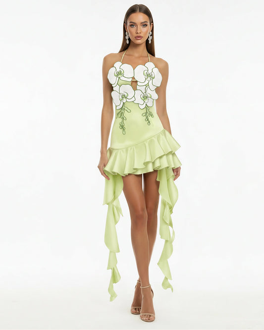 Orchid Embroidered Ruffle Hem Mini Dress - Light Green | JW PEI