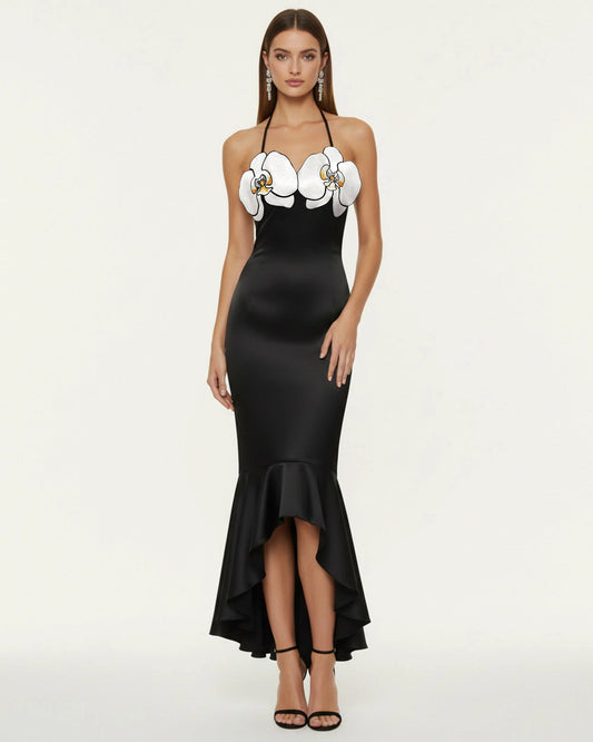 Orchid Embroidered High-Low Midi Dress - Black | JW PEI