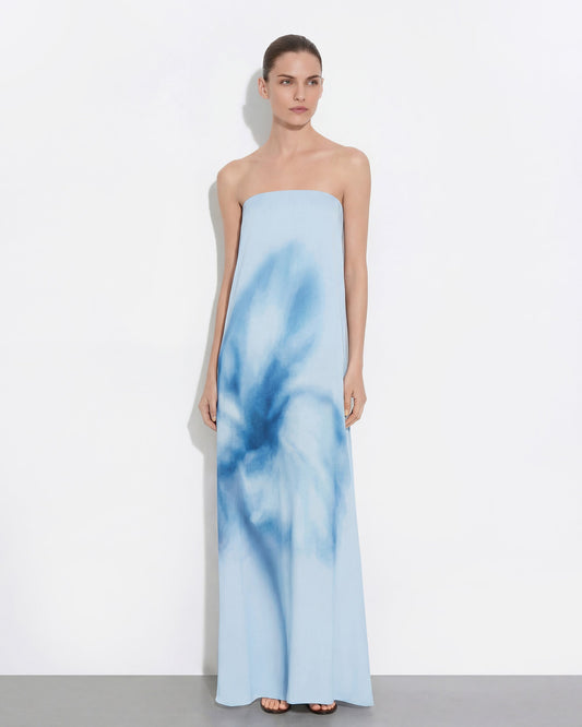 Watercolor Floral Print Strapless Maxi Dress - Blue | JW PEI
