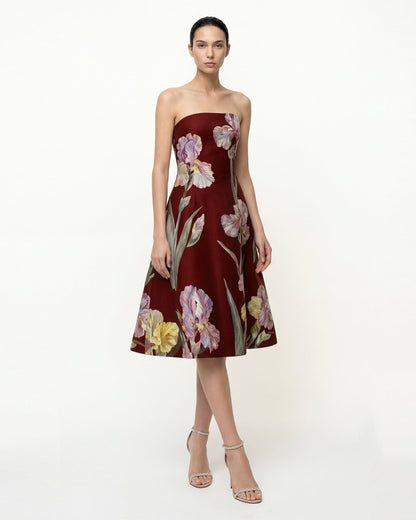 Iris Floral Print Strapless A-Line Dress - Burgundy | JW PEI