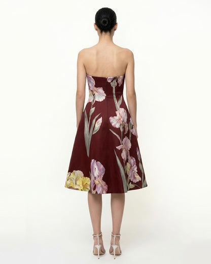 Iris Floral Print Strapless A-Line Dress - Burgundy | JW PEI