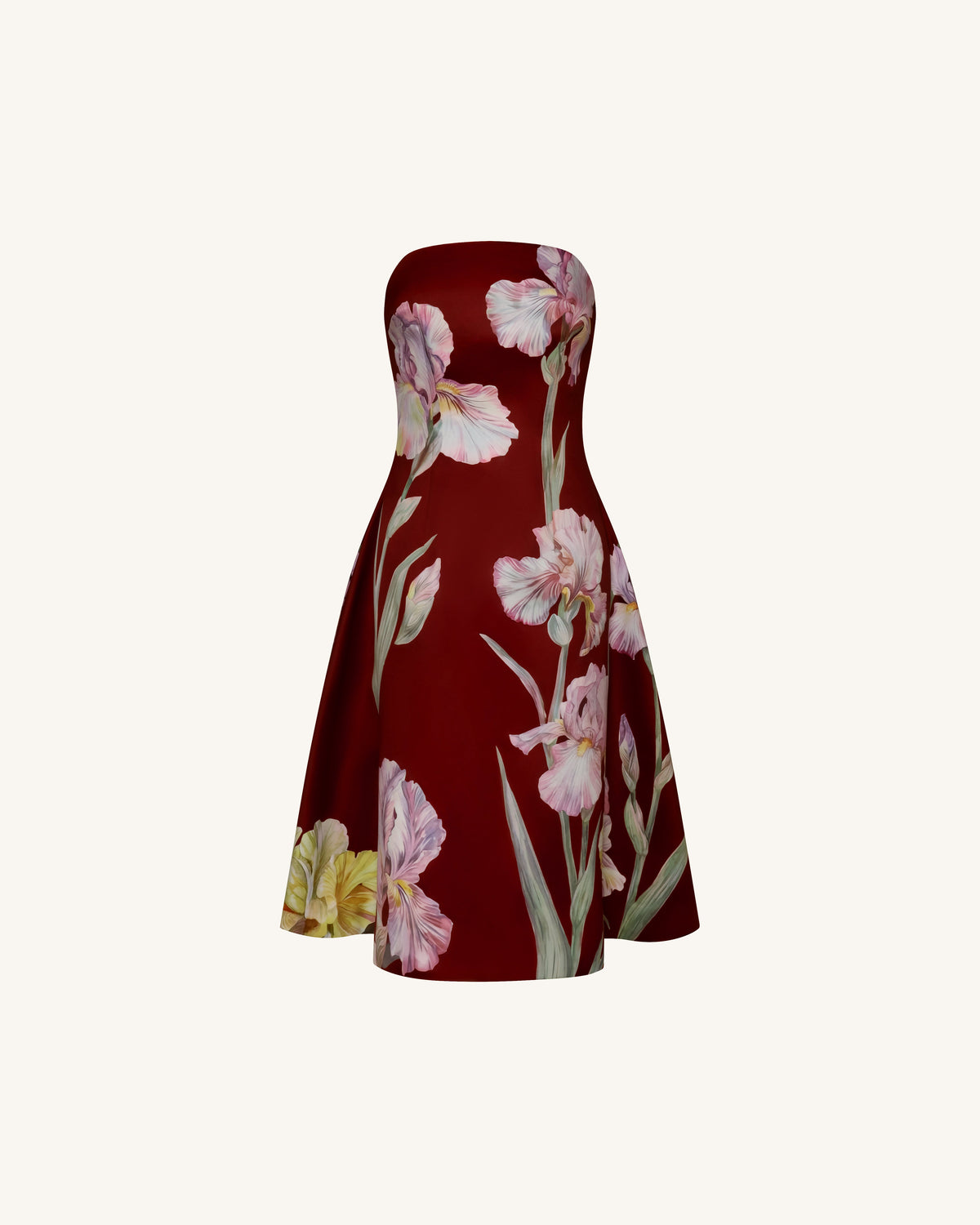 Iris Floral Print Strapless A-Line Dress - Burgundy | JW PEI