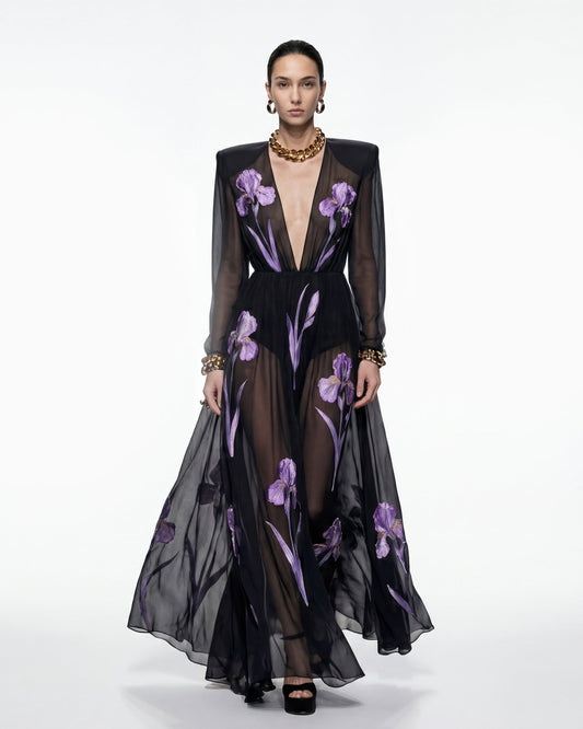 Iris Floral Print Long-Sleeve Sheer Gown - Black/Purple | JW PEI