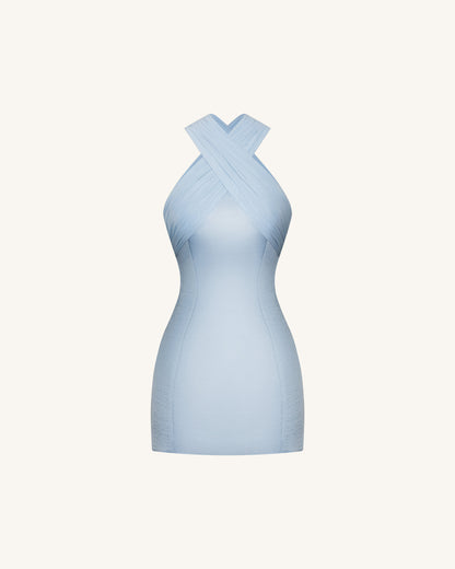 Satin Mini Dress with Tulle Cross-Halter - Blue | JW PEI
