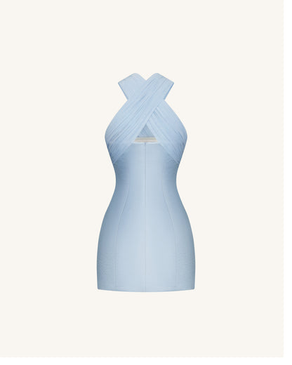 Satin Mini Dress with Tulle Cross-Halter - Blue | JW PEI