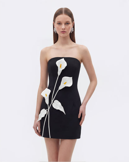 Strapless Floral Appliqué Dress - Black | JW PEI