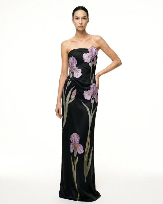 Iris Floral-Appliqué Strapless Maxi Dress - Black | JW PEI