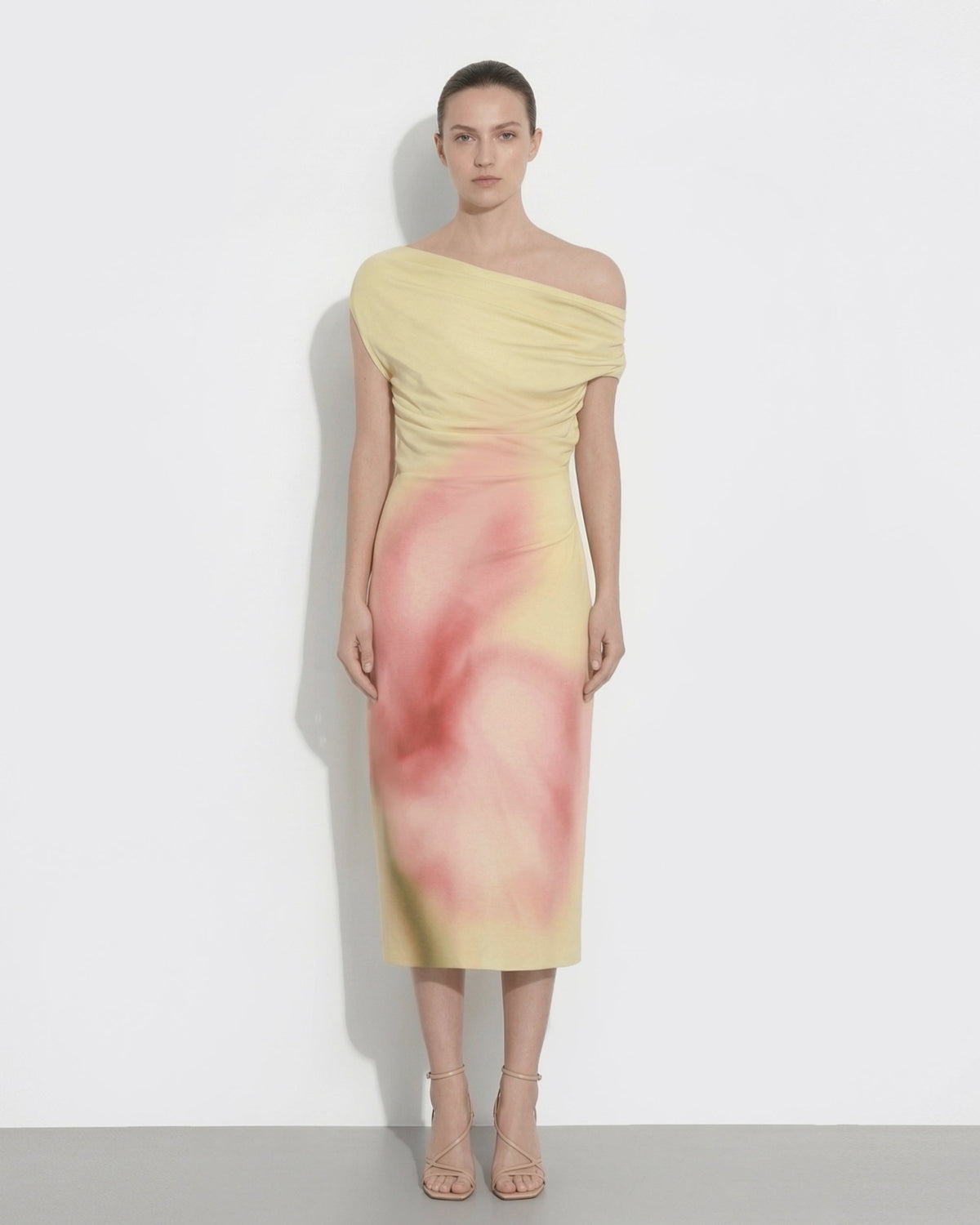 Watercolor Floral Print One-Shoulder Asymmetric Midi Dress - Yellow | JW PEI