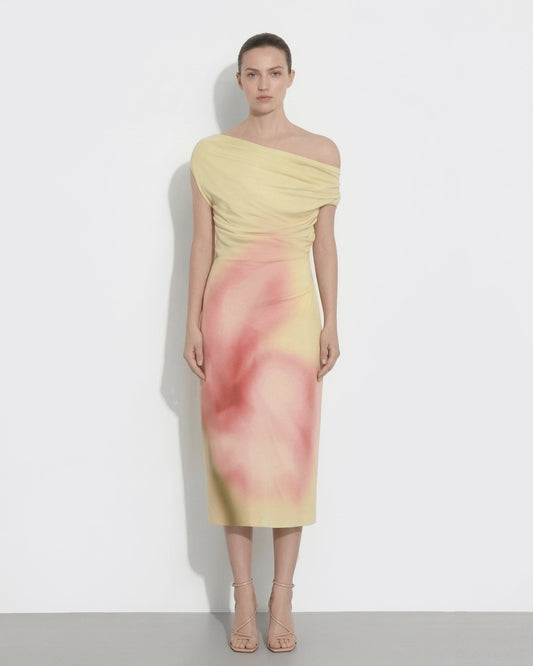 Watercolor Floral Print One-Shoulder Asymmetric Midi Dress - Yellow | JW PEI