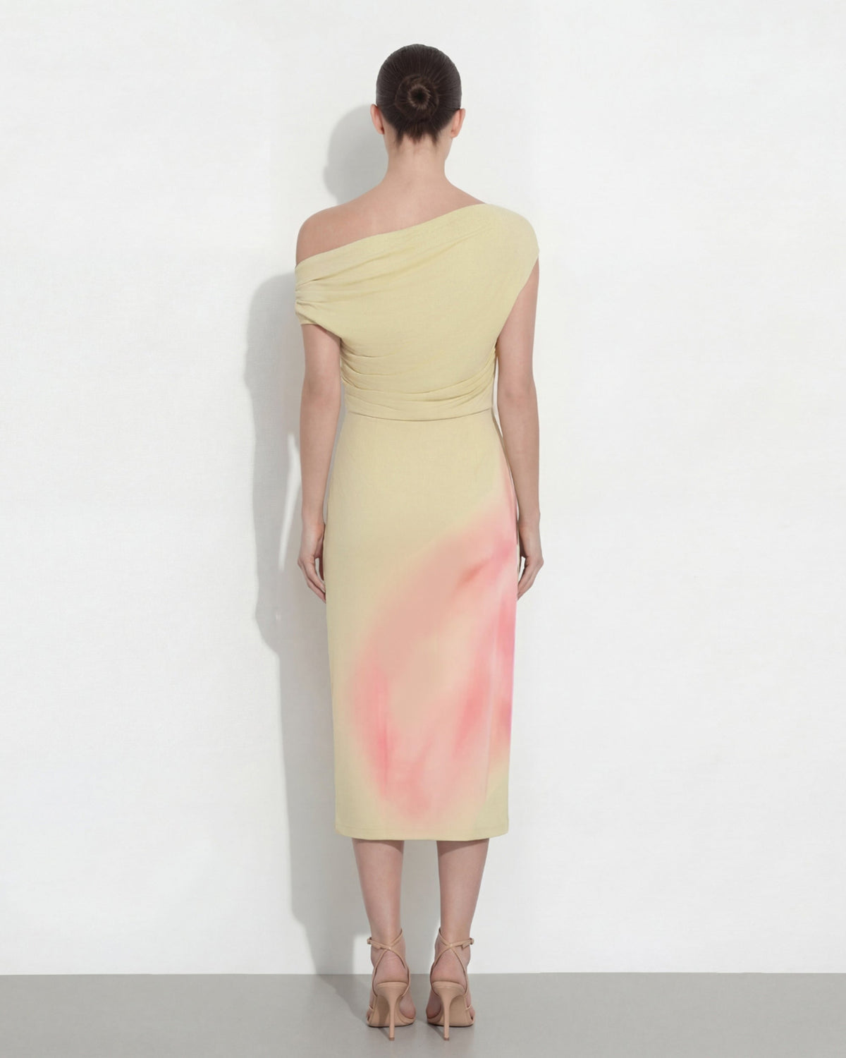 Watercolor Floral Print One-Shoulder Asymmetric Midi Dress - Yellow | JW PEI