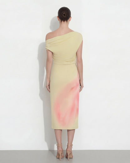 Watercolor Floral Print One-Shoulder Asymmetric Midi Dress - Yellow | JW PEI