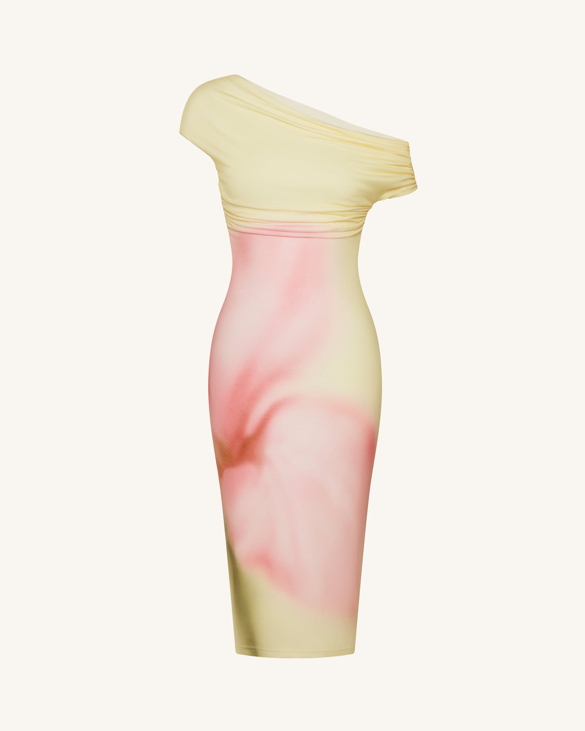 Watercolor Floral Print One-Shoulder Asymmetric Midi Dress - Yellow | JW PEI