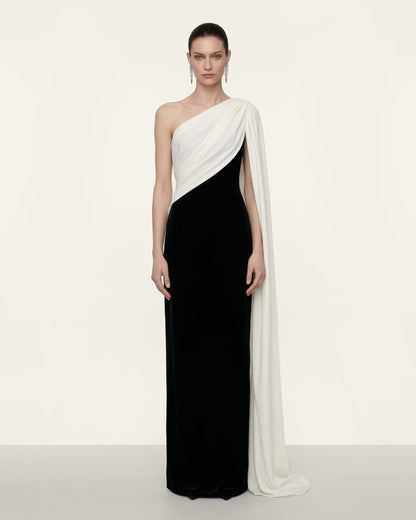 One Shoulder Draped Maxi Dress - Black White | JW PEI