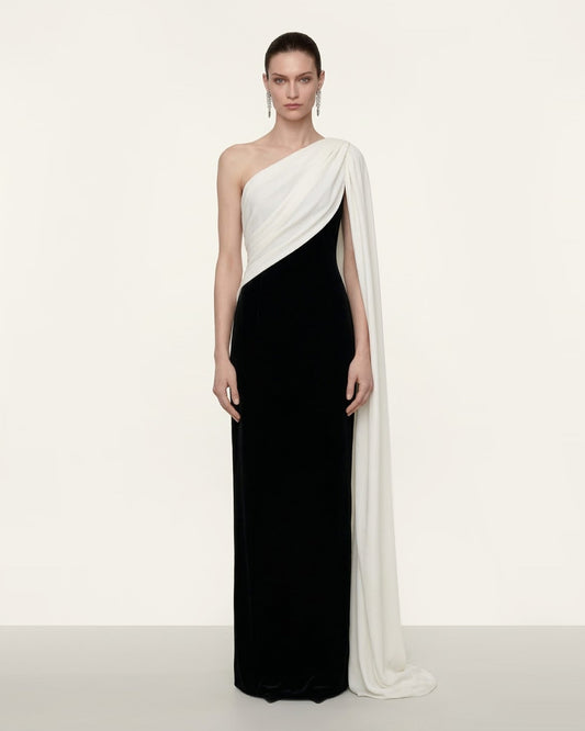 One Shoulder Draped Maxi Dress - Black White | JW PEI