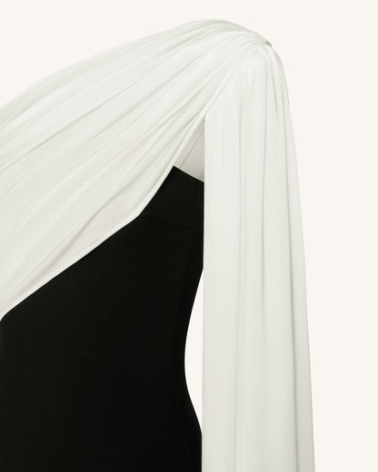 One Shoulder Draped Maxi Dress - Black White | JW PEI