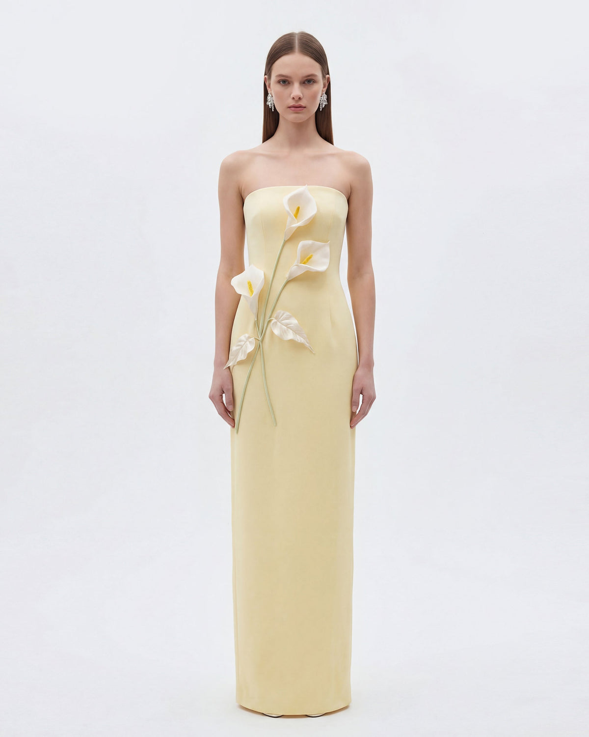 Floral Appliqué Strapless Dress - Yellow | JW PEI