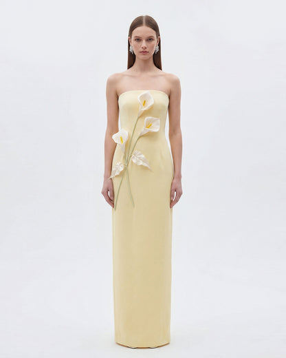 Floral Appliqué Strapless Dress - Yellow | JW PEI