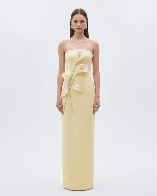 Floral Appliqué Strapless Dress - Yellow | JW PEI