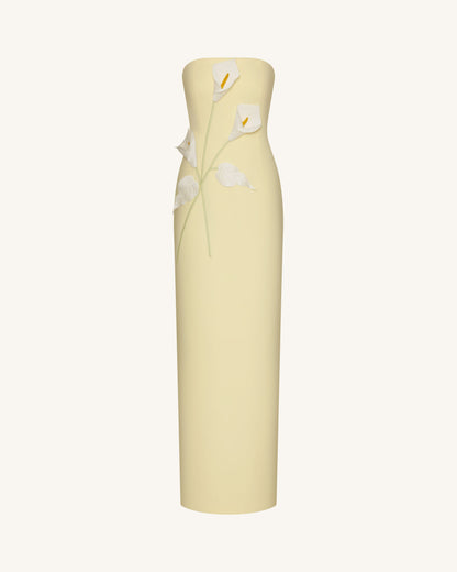 Floral Appliqué Strapless Dress - Yellow | JW PEI