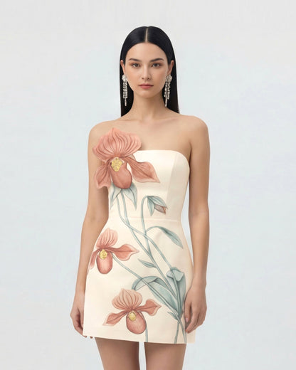 Slipper Orchid Appliqué Mini Dress - Ivory/Peach Pink | JW PEI