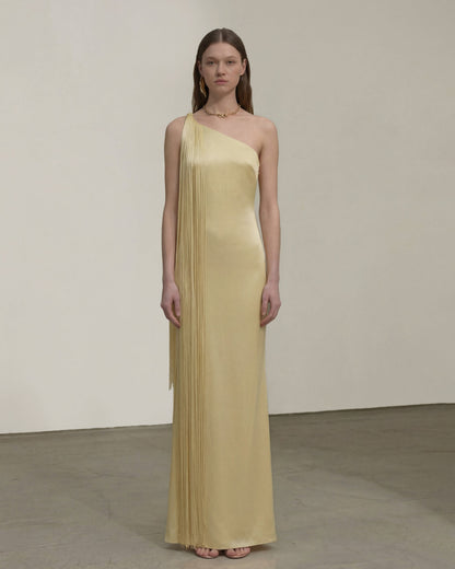 Fringe One Shoulder Maxi Dress - Champagne | JW PEI