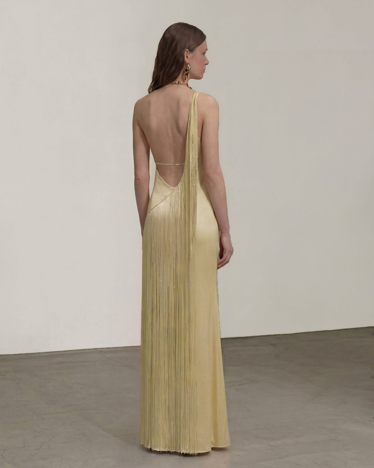 Fringe One Shoulder Maxi Dress - Champagne | JW PEI