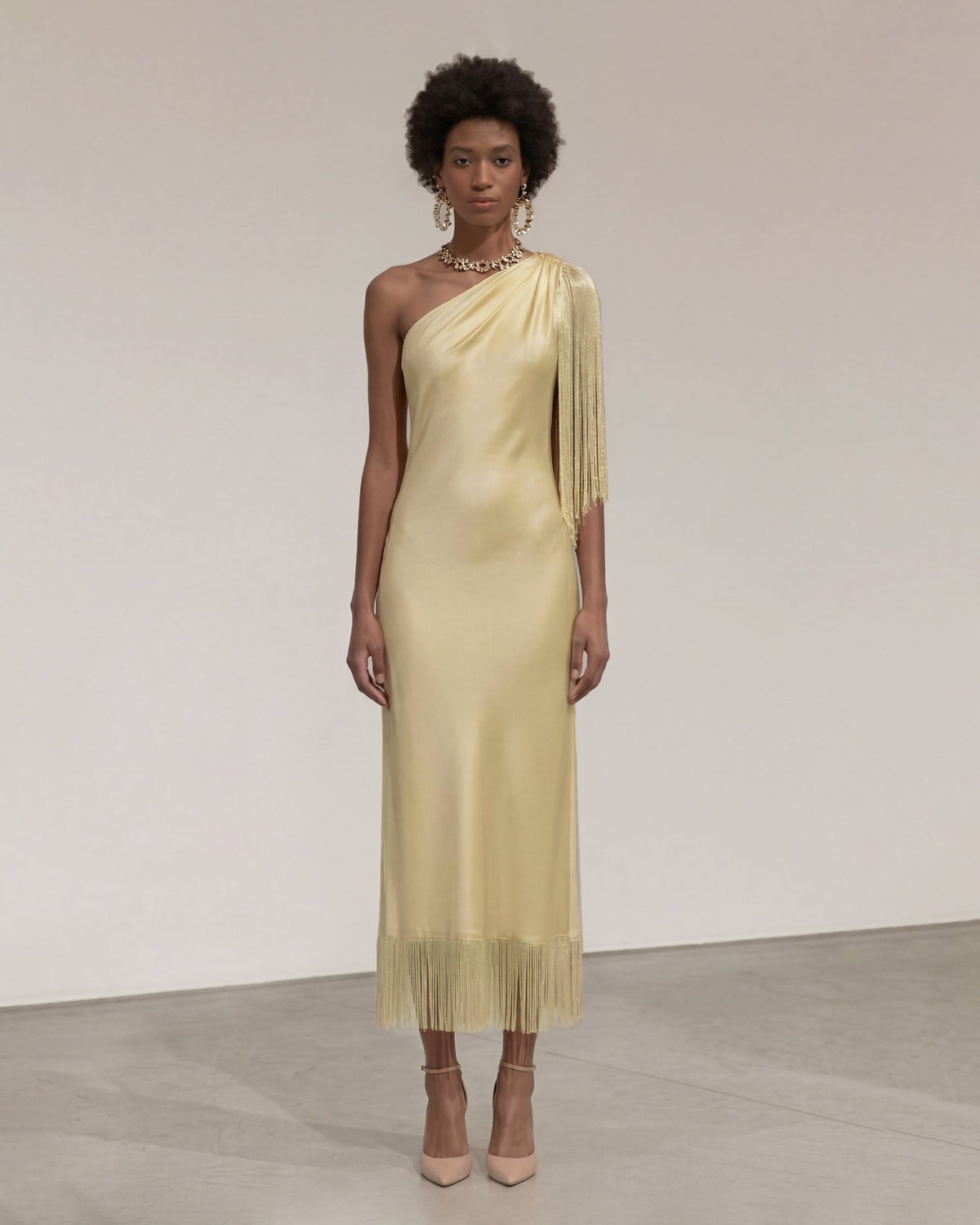 One Shoulder Fringe Midi Dress - Champagne | JW PEI