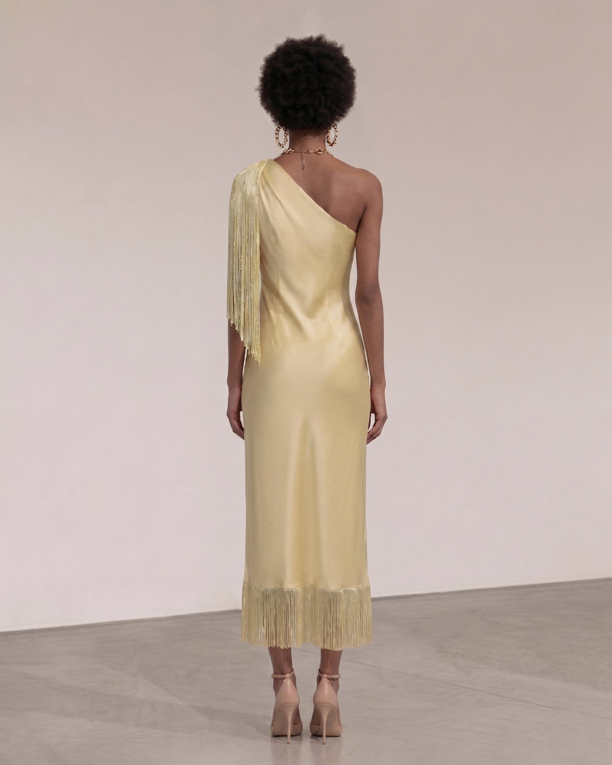 One Shoulder Fringe Midi Dress - Champagne | JW PEI