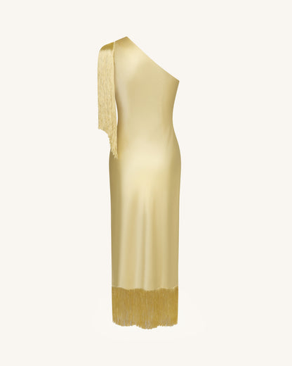 One Shoulder Fringe Midi Dress - Champagne | JW PEI
