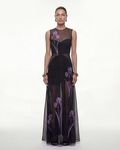 Sheer Floral Print Paneled Maxi Dress - Black | JW PEI
