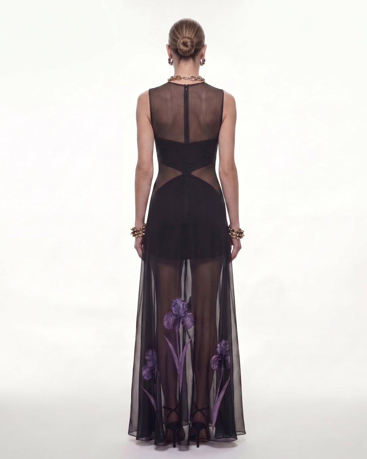 Sheer Floral Print Paneled Maxi Dress - Black | JW PEI