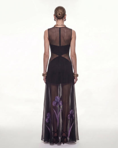 Sheer Floral Print Paneled Maxi Dress - Black | JW PEI