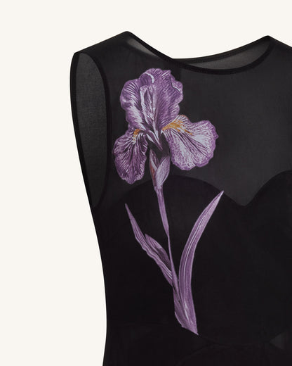 Sheer Floral Print Paneled Maxi Dress - Black | JW PEI