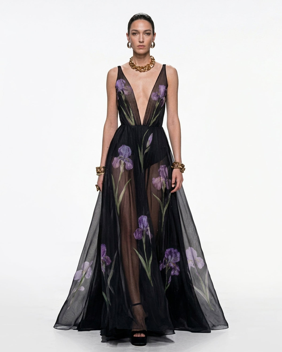 Sheer Floral Print Maxi Dress - Black | JW PEI