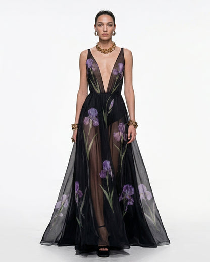 Sheer Floral Print Maxi Dress - Black | JW PEI
