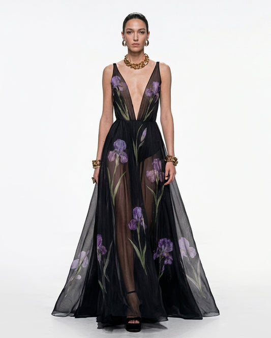 Sheer Floral Print Maxi Dress - Black | JW PEI