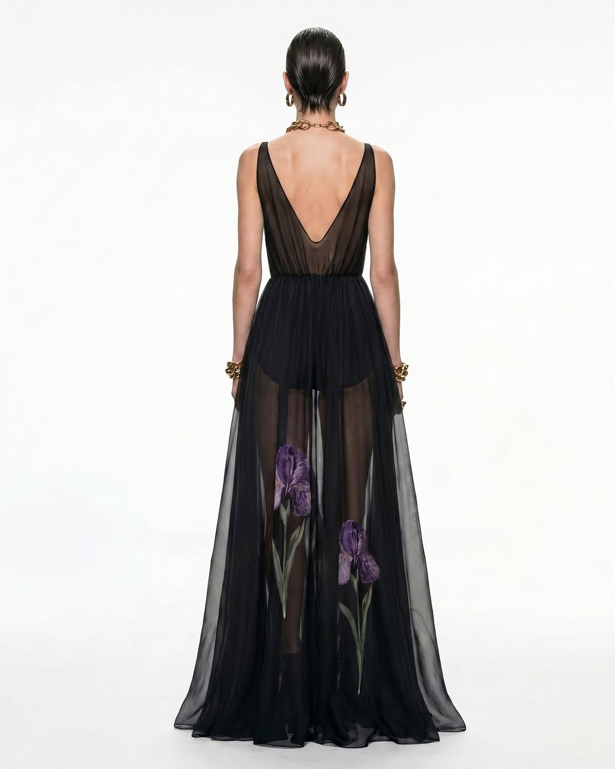 Sheer Floral Print Maxi Dress - Black | JW PEI