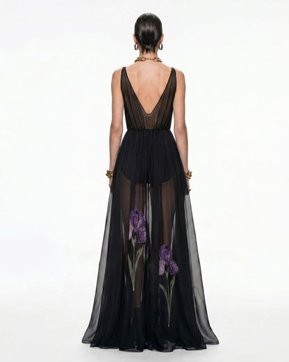 Sheer Floral Print Maxi Dress - Black | JW PEI