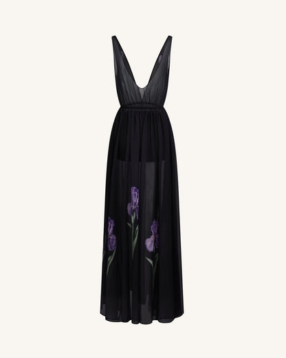 Sheer Floral Print Maxi Dress - Black | JW PEI