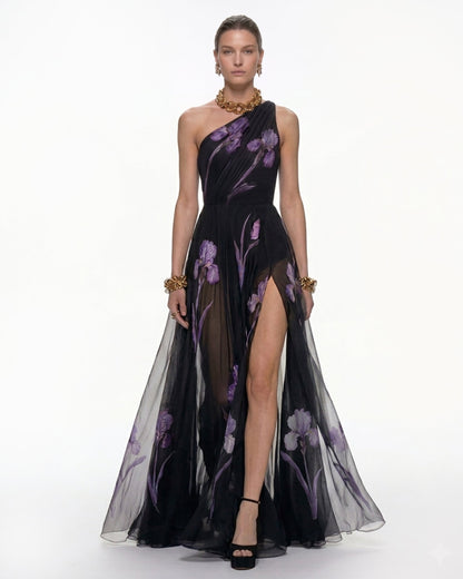 Floral One Shoulder Maxi Dress - Black | JW PEI