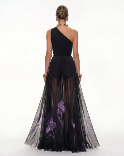 Floral One Shoulder Maxi Dress - Black | JW PEI
