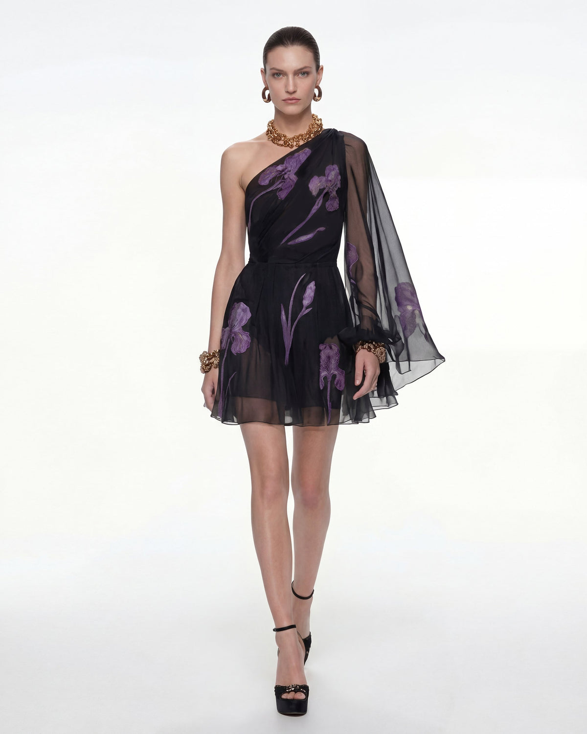 One Shoulder Floral Mesh Dress - Black | JW PEI