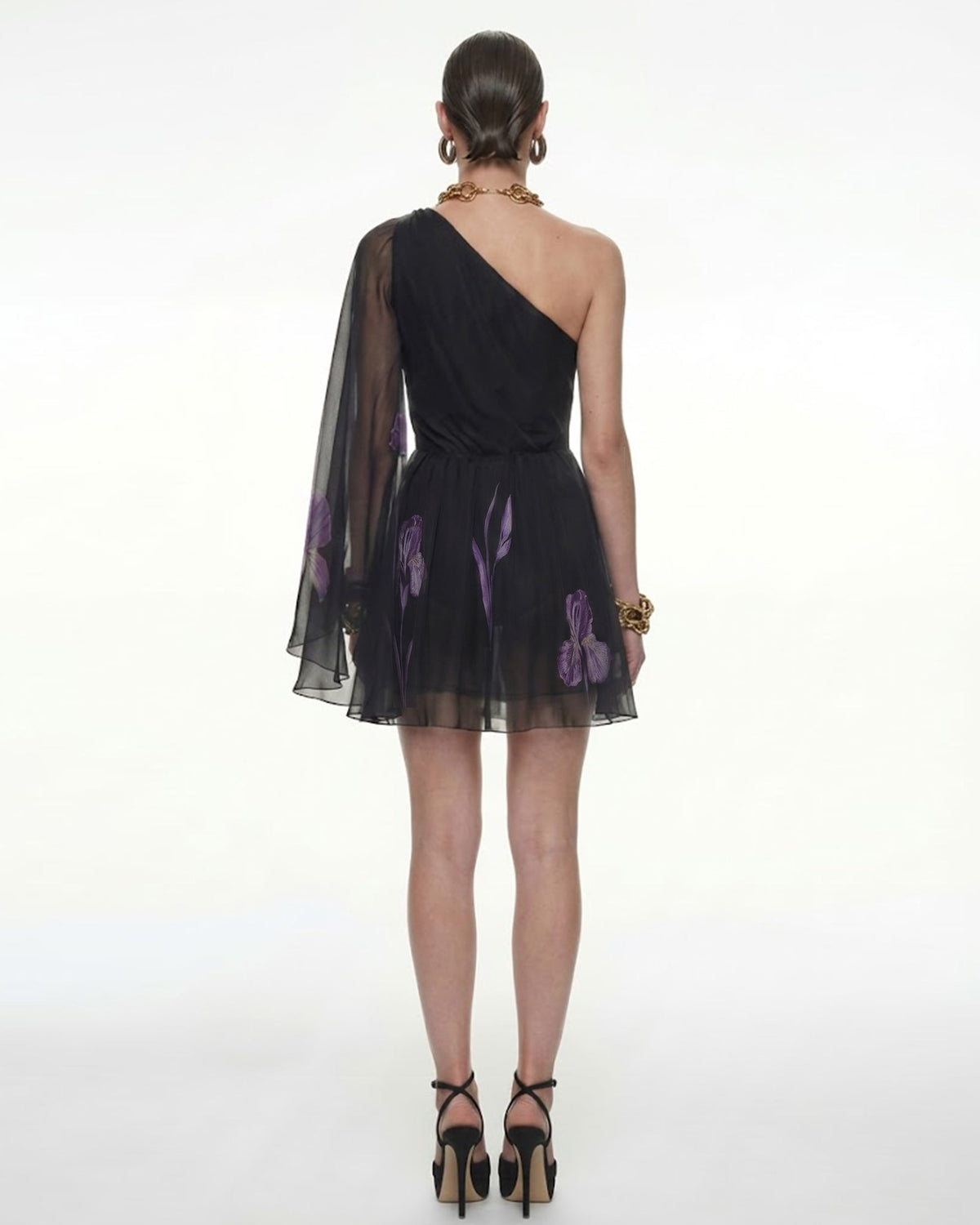 One Shoulder Floral Mesh Dress - Black | JW PEI