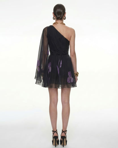 One Shoulder Floral Mesh Dress - Black | JW PEI