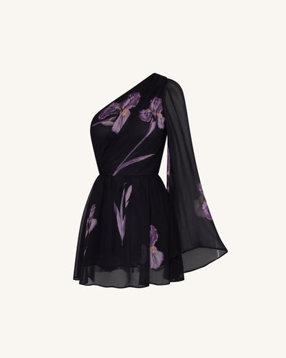 One Shoulder Floral Mesh Dress - Black | JW PEI