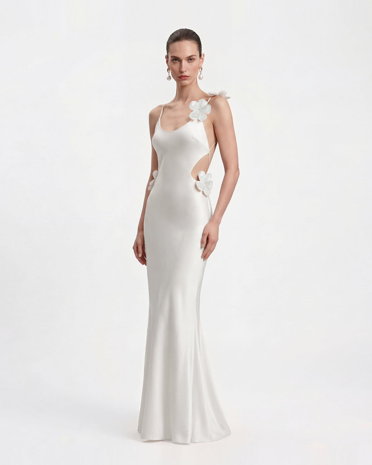 3D Floral Appliqué Satin Dress - White | JW PEI