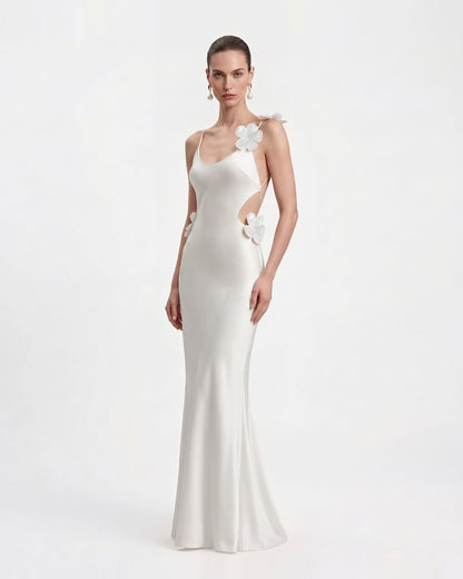 3D Floral Appliqué Satin Dress - White | JW PEI