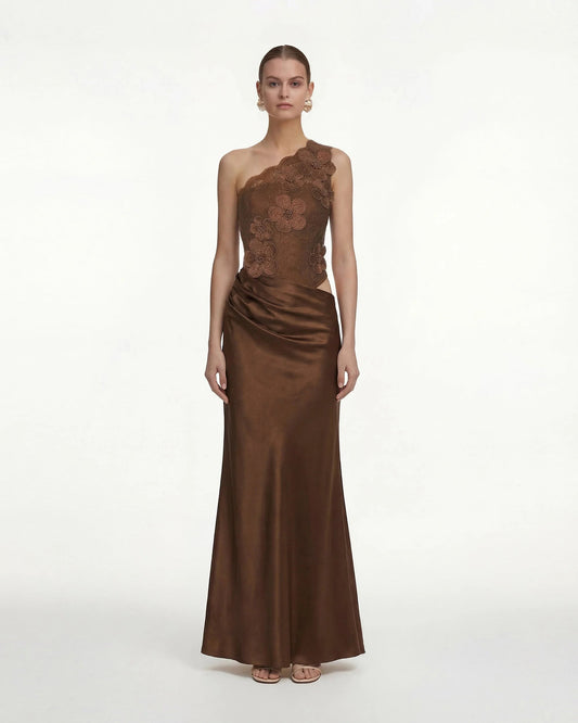 Floral One Shoulder Satin Dress - Brown | JW PEI