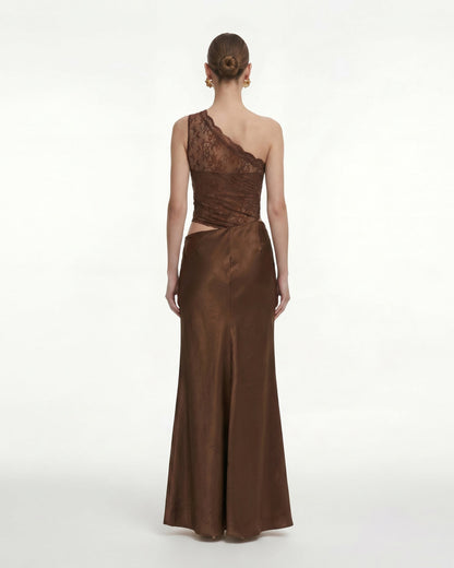 Floral One Shoulder Satin Dress - Brown | JW PEI